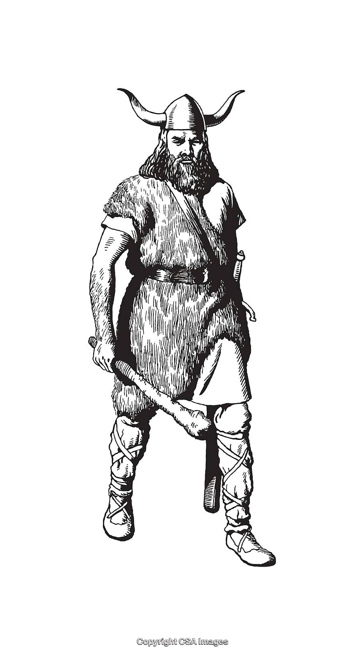 Black and White Line Art Illustration of a Viking Warrior Holding a Club