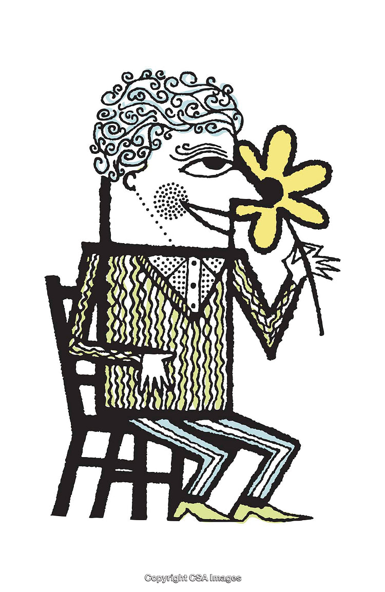Quirky Illustration of a Man Enjoying the Aroma of a Yellow Flower