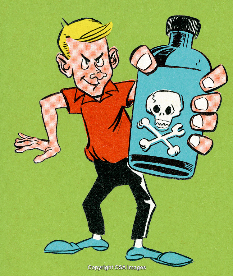 Cartoon Character With Poisonous Bottle on Green Background