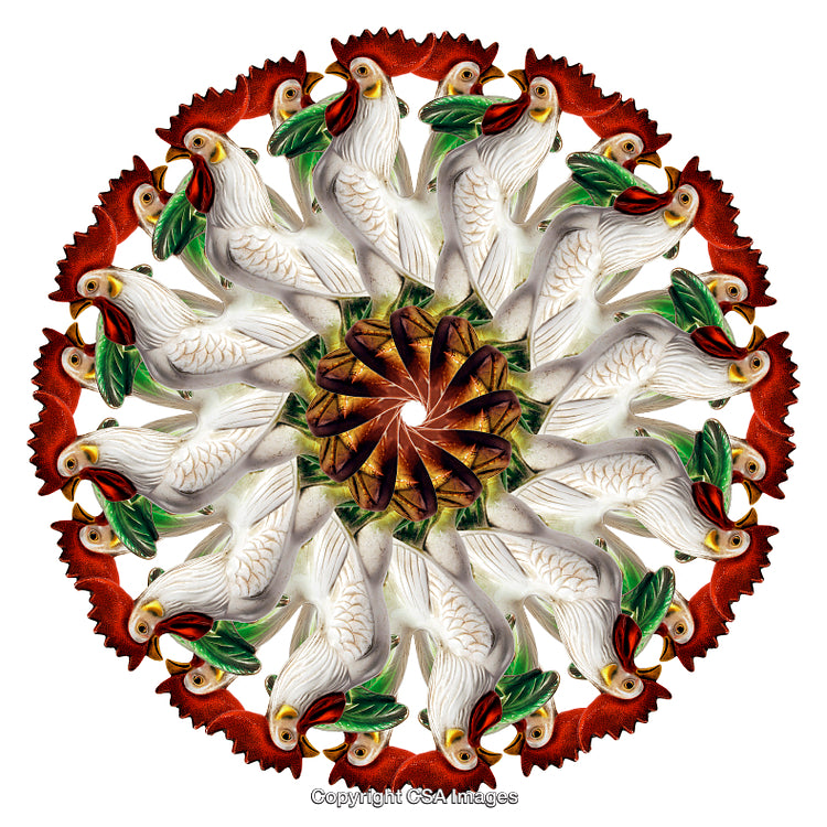 Mandala of White Roosters with Red Crests in Symmetrical Arrangement