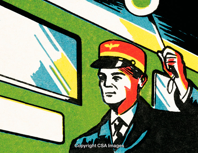 Train Conductor Holding a Signal Paddle by a Passenger Car