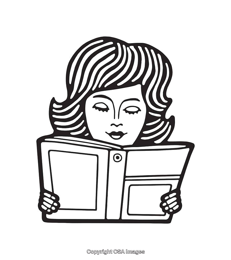 Black and White Line Art of a Girl Reading a Book