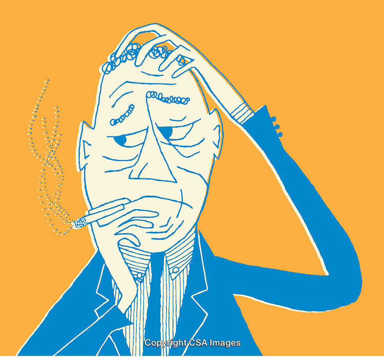 Colorful Line Art Illustration Depicting Stress and Smoking in a Cartoon Style
