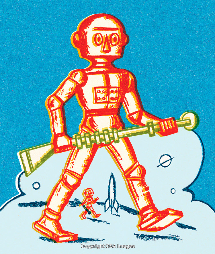 Retro Sci-Fi Robot and Spaceship Illustration with Bright Cartoonish Design