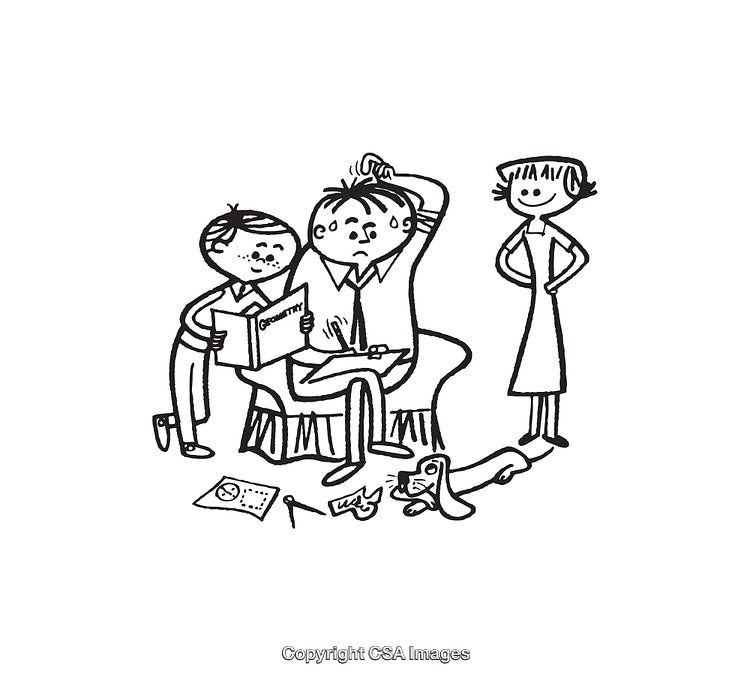 Group of People Solving Geometry Problems in Black and White Line Art