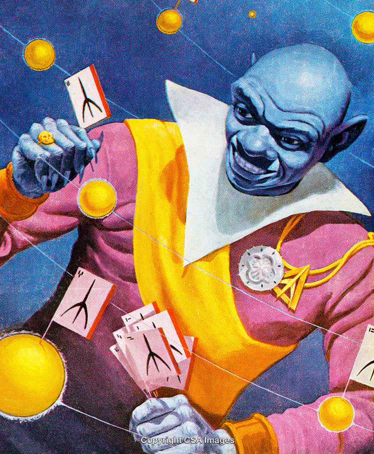 Alien Character Interacting With Cards In A Futuristic Space Environment
