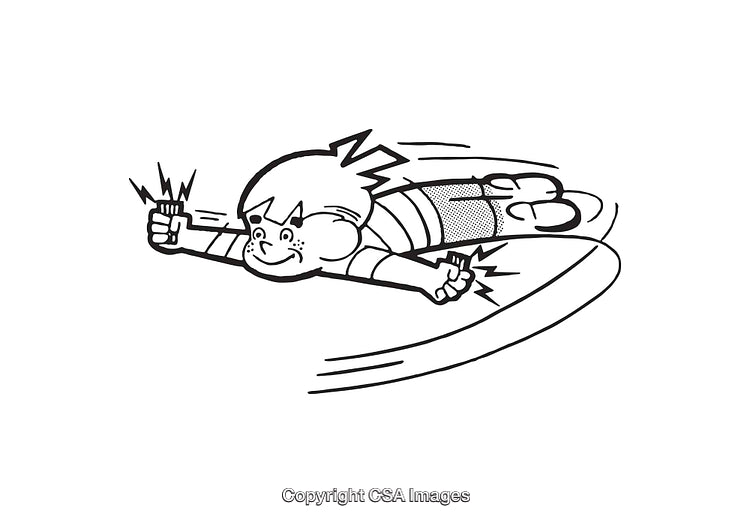Cartoon Child in a Superhero Costume Flying with Lightning Effects