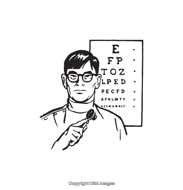 Black and White Line Art of Optometrist Holding Occluder with Eye Chart