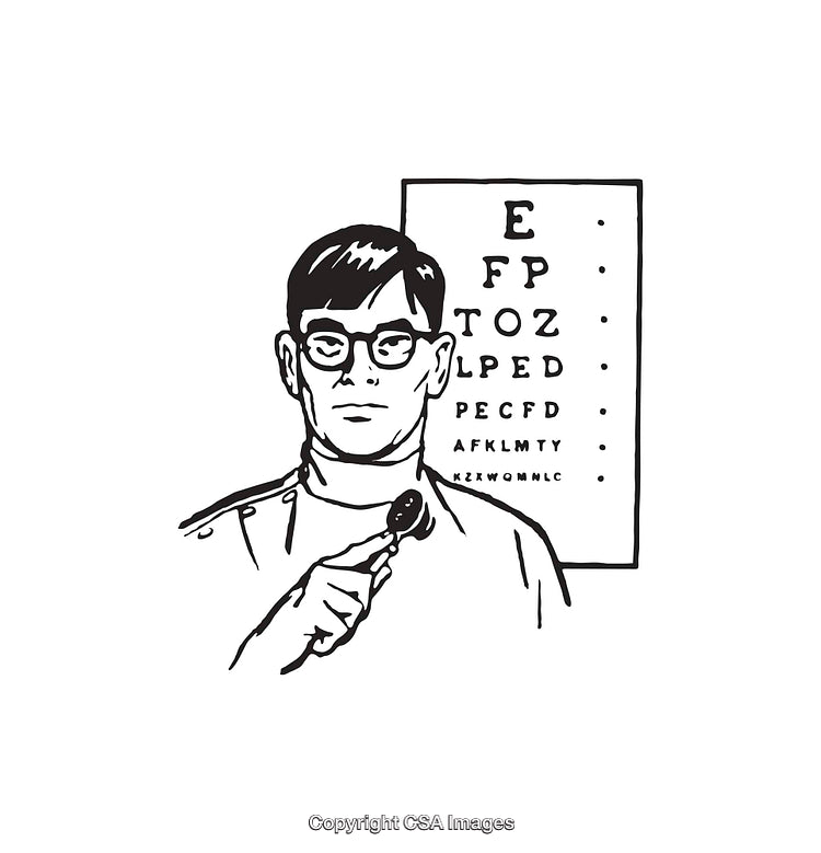 Black and White Line Art of Optometrist Holding Occluder with Eye Chart