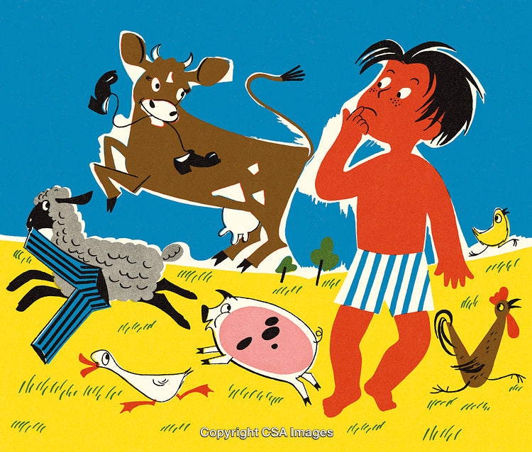Playful Animals and Boy in Vibrant Pastoral Scene Illustration