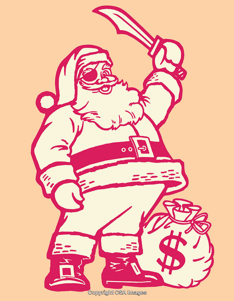 Vintage Illustration of Santa Claus Holding a Sword and Bag of Money