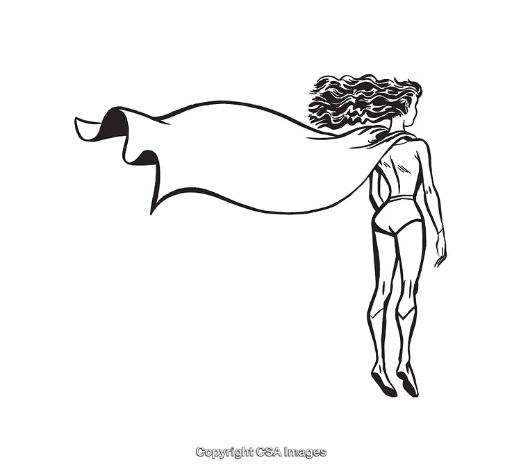 Black and White Line Art of Female Superhero in Flowing Cape