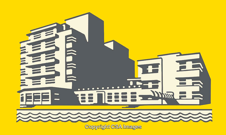 Art Deco Building Illustration with Yellow Background and Graphic Elements