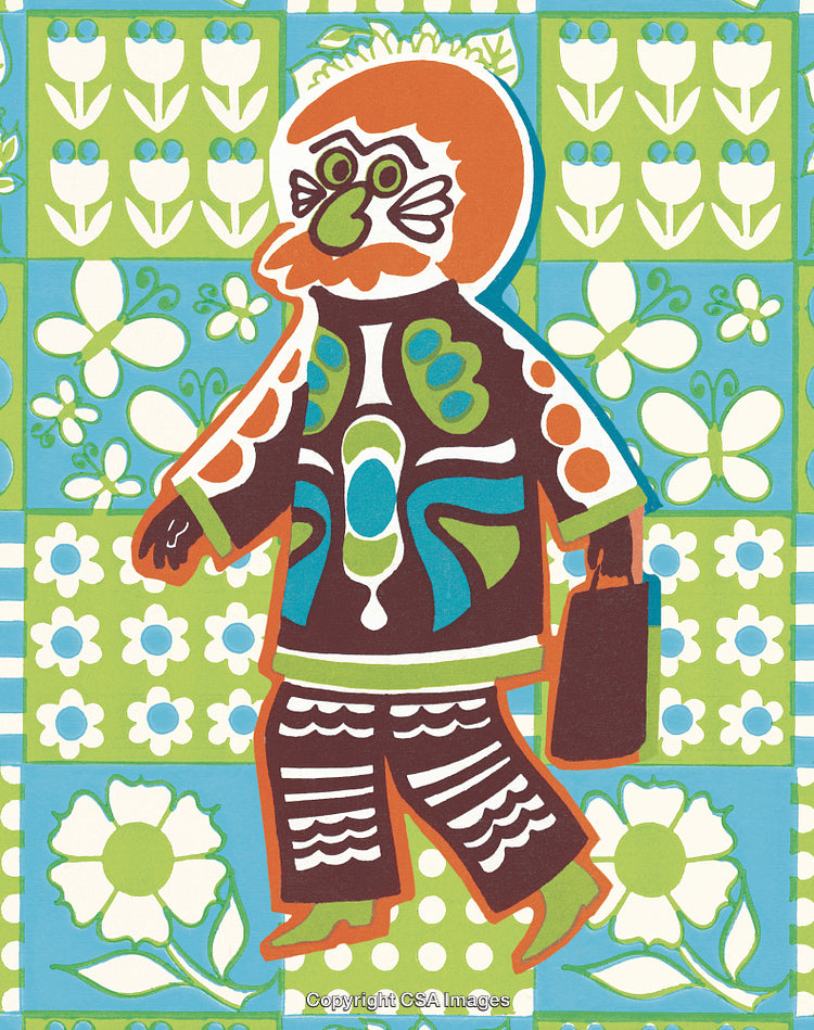 Colorful Illustration of Stylized Figure with Floral and Geometric Background