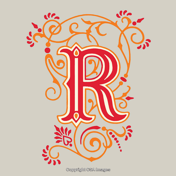 Decorative Letter R with Ornate Flourishes and Intricate Design Elements