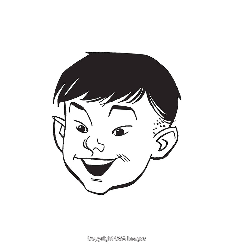 Smiling Boy Cartoon Face Artwork in Black and White Line Art Style