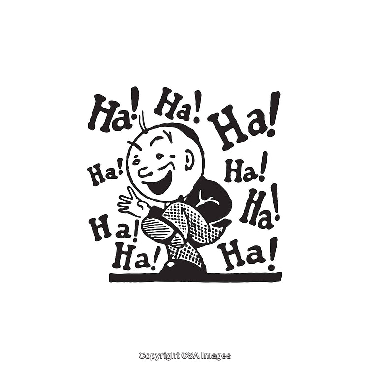 Black and White Illustration of Laughing Character with Ha Ha Graphics