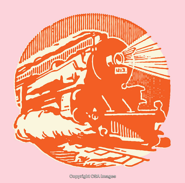 Vintage Line Art Illustration of a Steam Locomotive with Radiant Headlight