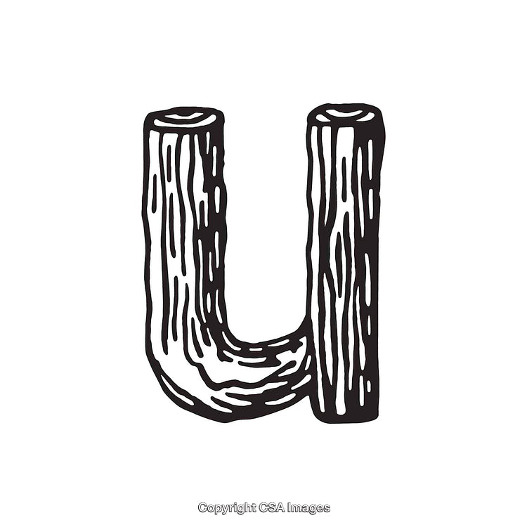 Woodgrain Style Illustration of the Letter U in Black and White