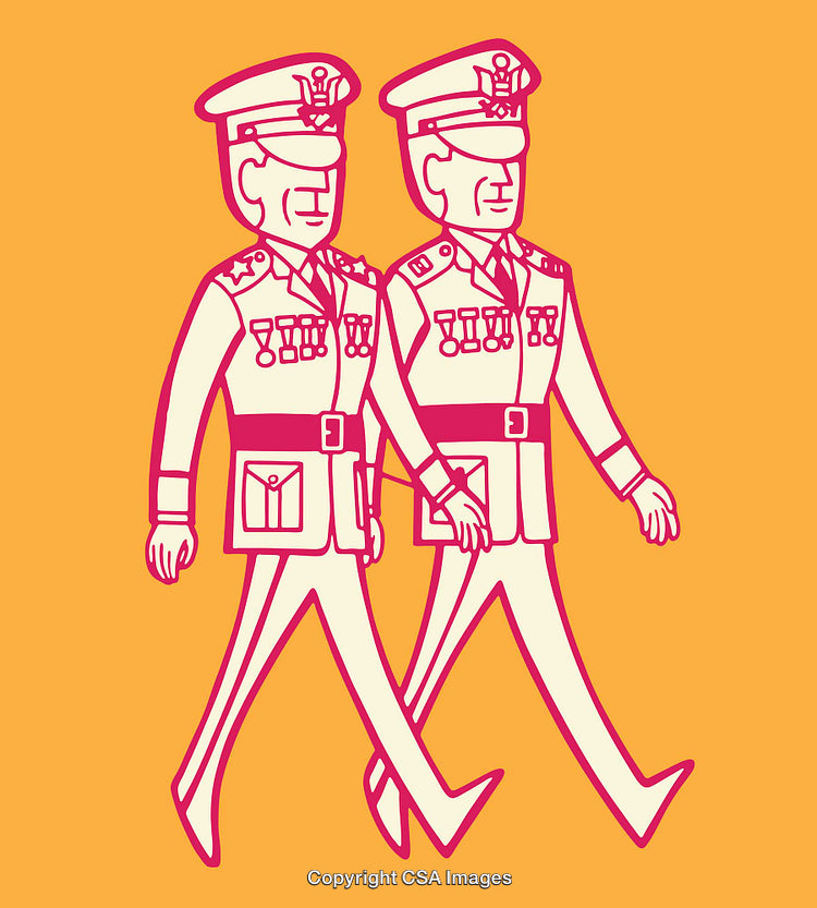 Colorful Line Illustration of Two Military Officers Marching in Unison