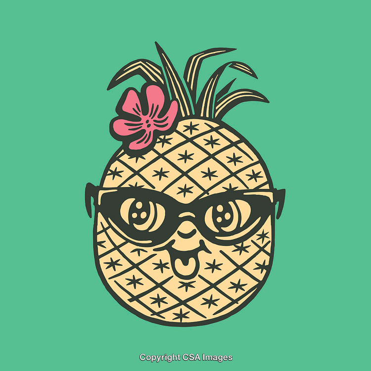 Fun Cartoon Pineapple Illustration Wearing Glasses With Tropical Decor