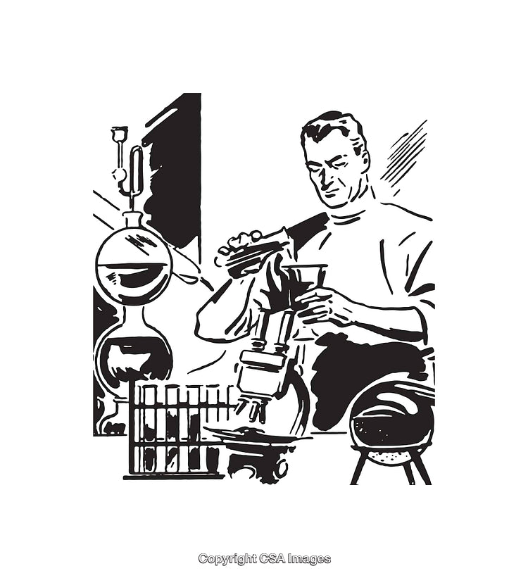Vintage Black and White Illustration of a Scientist in a Laboratory