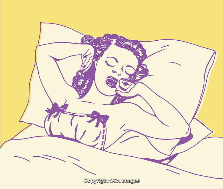 Retro Illustration of a Woman Yawning and Stretching in Bed
