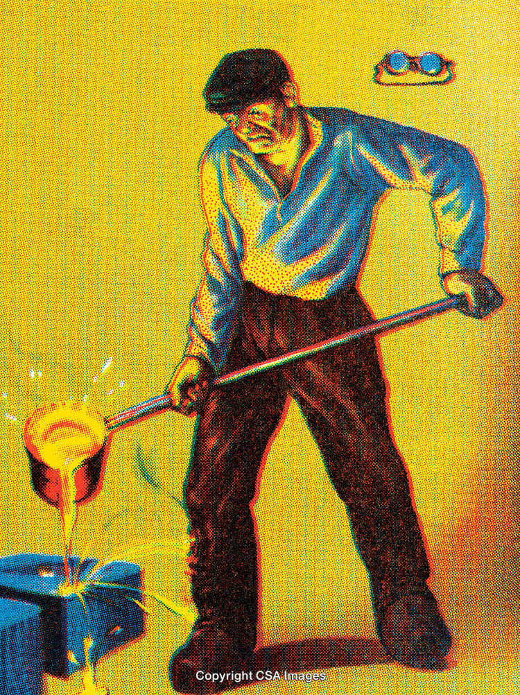 Vintage Worker Pouring Molten Metal, Industrial Style Art with Bold Colors