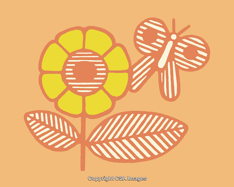 Bright Flower and Butterfly Illustration with Warm Toned Color Scheme