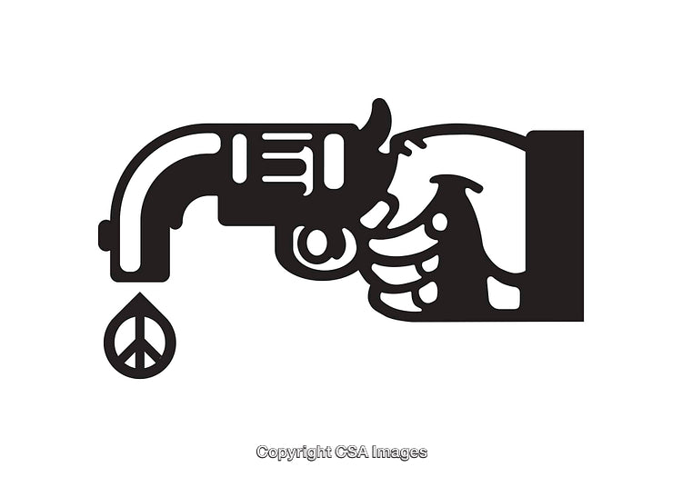 Black and White Illustration of a Gun with a Peace Symbol Droplet