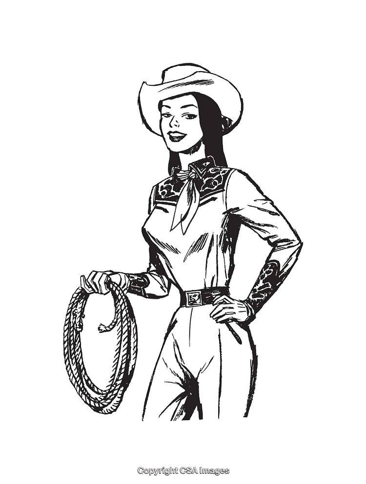 Western Cowgirl Holding a Rope in Black and White Line Art