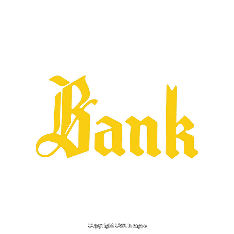 Yellow Text in Traditional Script Spelling 'Bank' on White Background