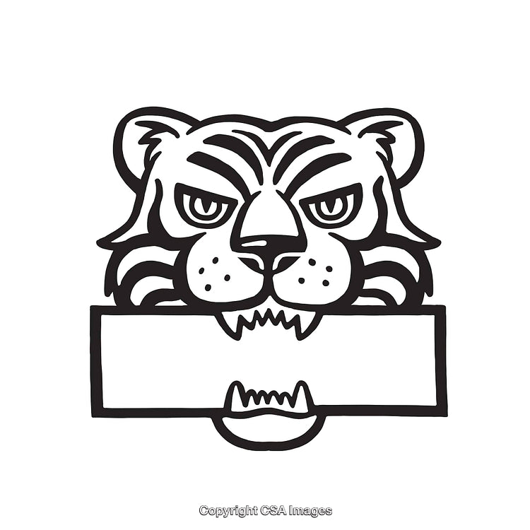 Black and White Line Art Illustration of a Tiger Holding a Blank Nameplate