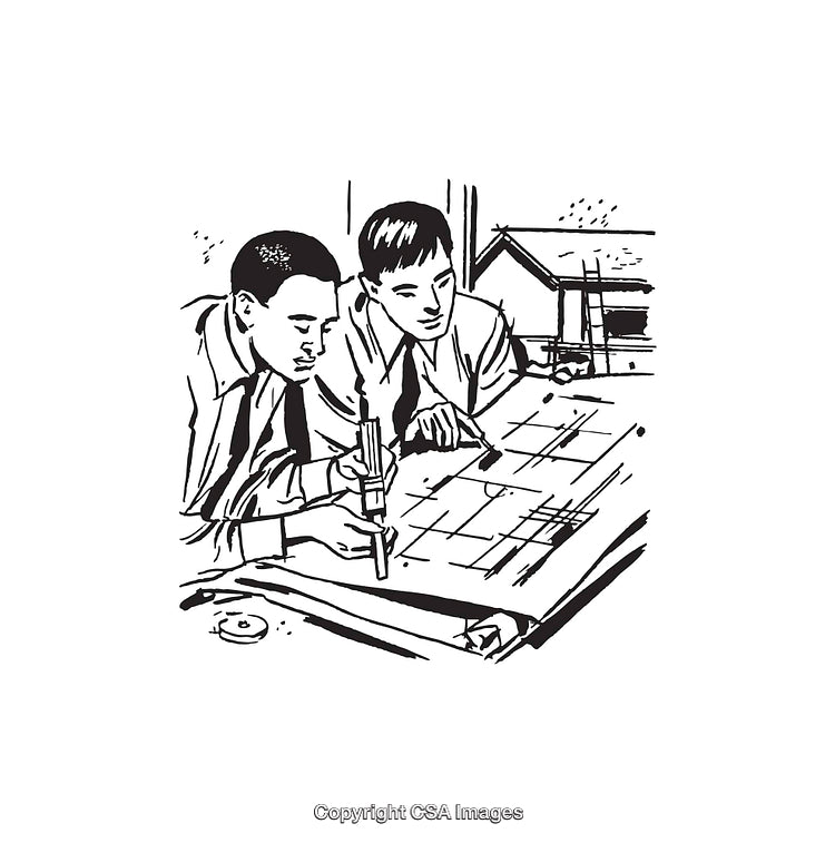 Black-and-White Illustration of Two Men Reviewing Blueprint Plans