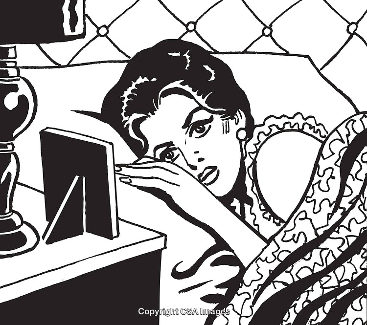Retro Woman Depicting Sadness Lying in Bed with Thoughtful Expression