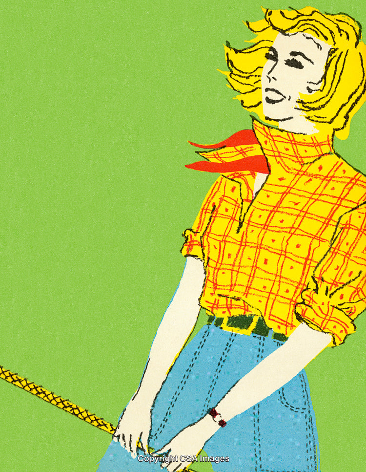 Retro Illustration of Woman in Plaid Shirt and Denim Outdoors