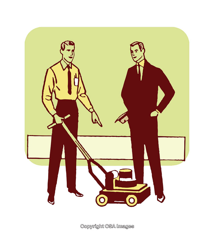 Retro Illustration of Two Businessmen Discussing a Lawn Mower in Style