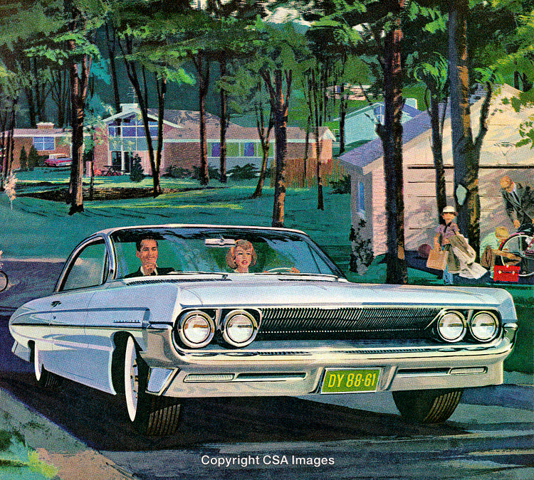 Classic 1960s Car in a Suburban Neighborhood Setting with Family Outdoors