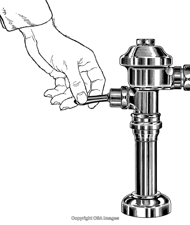 Detailed Black and White Engraving of a Hand Operating a Valve Lever