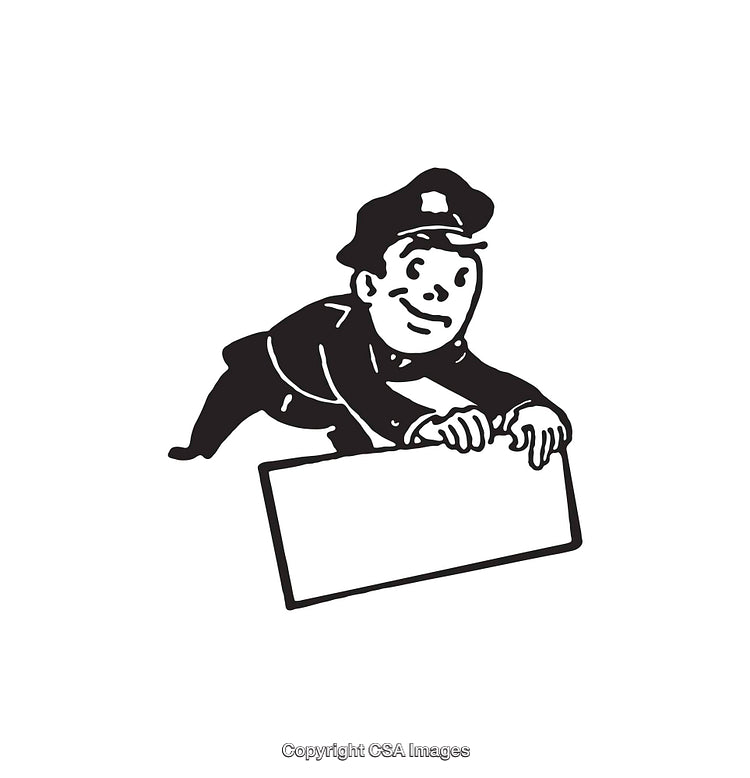 Black and White Cartoon Policeman Holding a Blank Sign Illustration