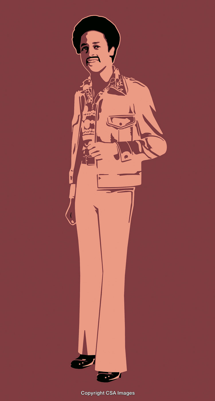 Vintage Styled Man Illustration with Retro Attire and Burgundy Background