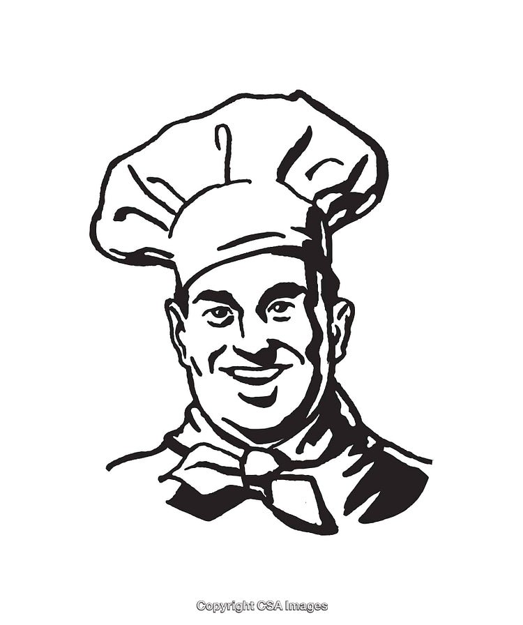 Black and White Line Art Illustration of a Smiling Chef