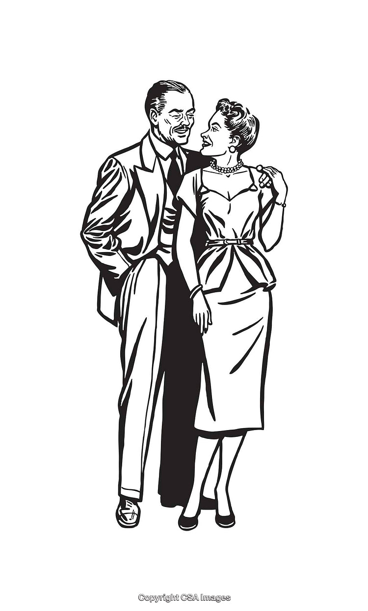 Vintage Black And White Line Art Illustration Of A Happy Couple