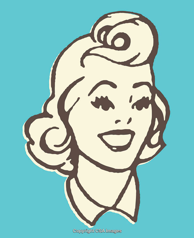 Retro Styled Line Art of a Smiling Woman in Bright Colors
