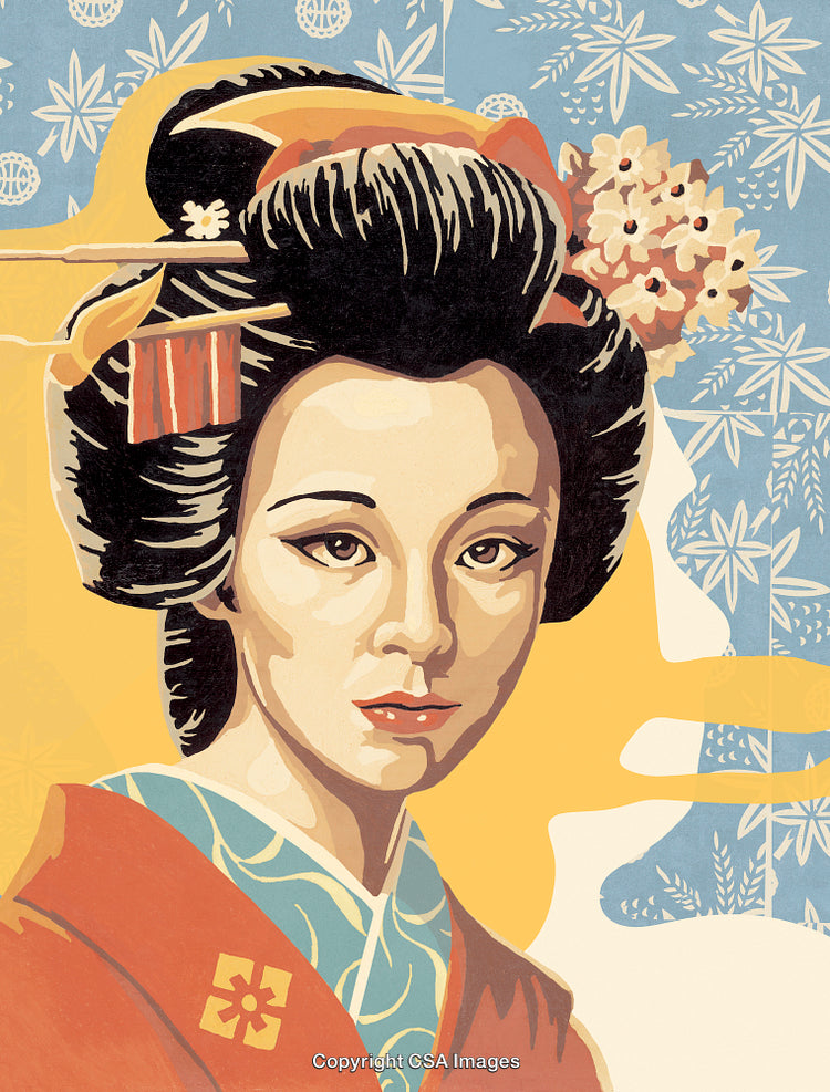 Traditional Japanese Illustration Featuring Geisha with Floral Accessories and Detailed Kimono