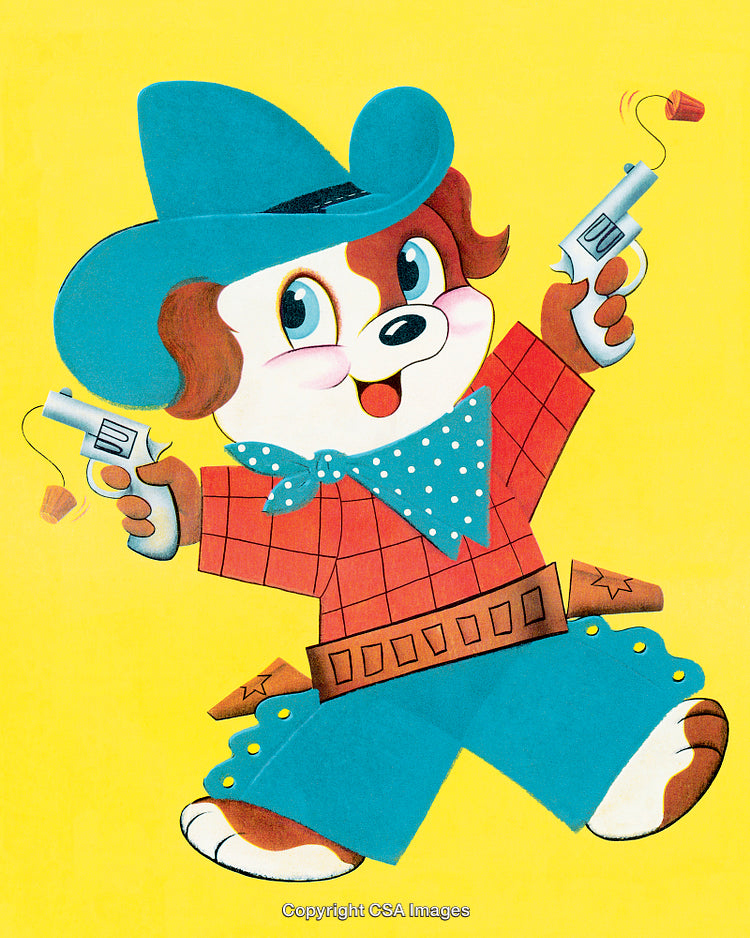Cartoon Cowboy Dog in Western Outfit With Toy Pistols on Yellow Background