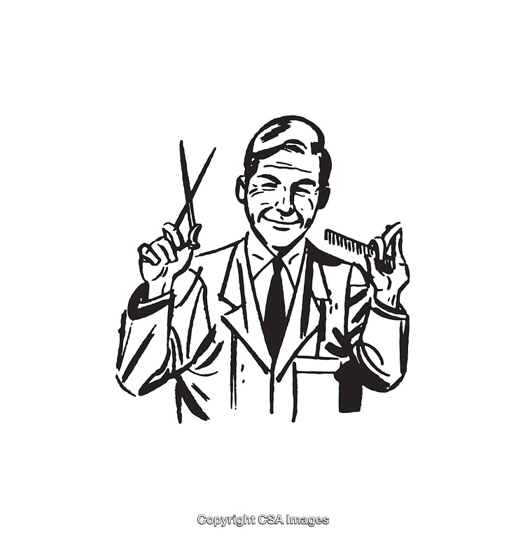 Black and White Line Art of a Friendly Barber with Tools in Hand