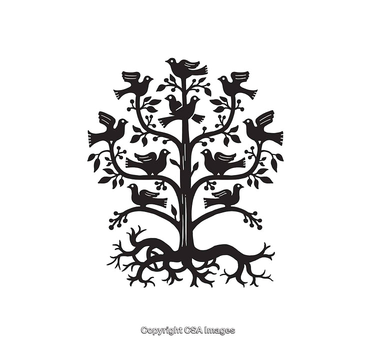 Intricate Black and White Line Art Tree With Birds Illustration