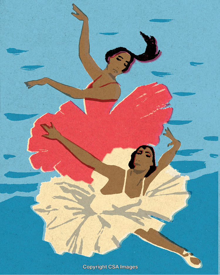 Elegant Illustration of Ballet Dancers in Colorful Costumes Performing Graceful Moves