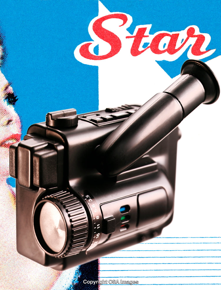 Retro Camcorder Toy Against Vibrant Pop Art Backdrop Depicting Classic Star Design